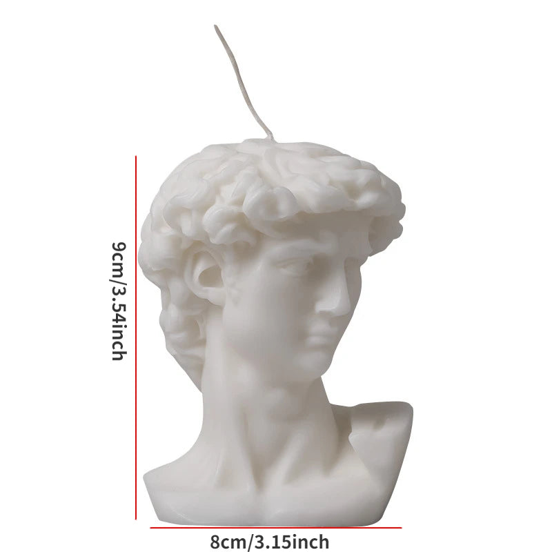 White marble bust with dimensions indicated on a white background