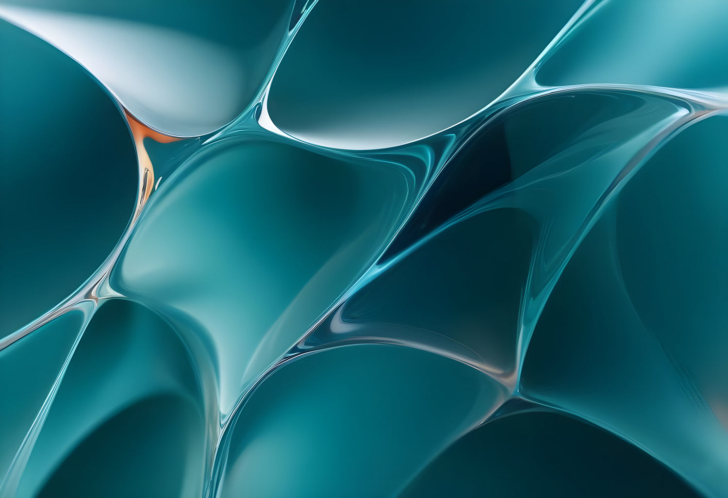Abstract flow of teal and blue shapes blending together with soft curves and reflections