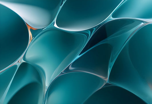 Abstract flow of teal and blue shapes blending together with soft curves and reflections