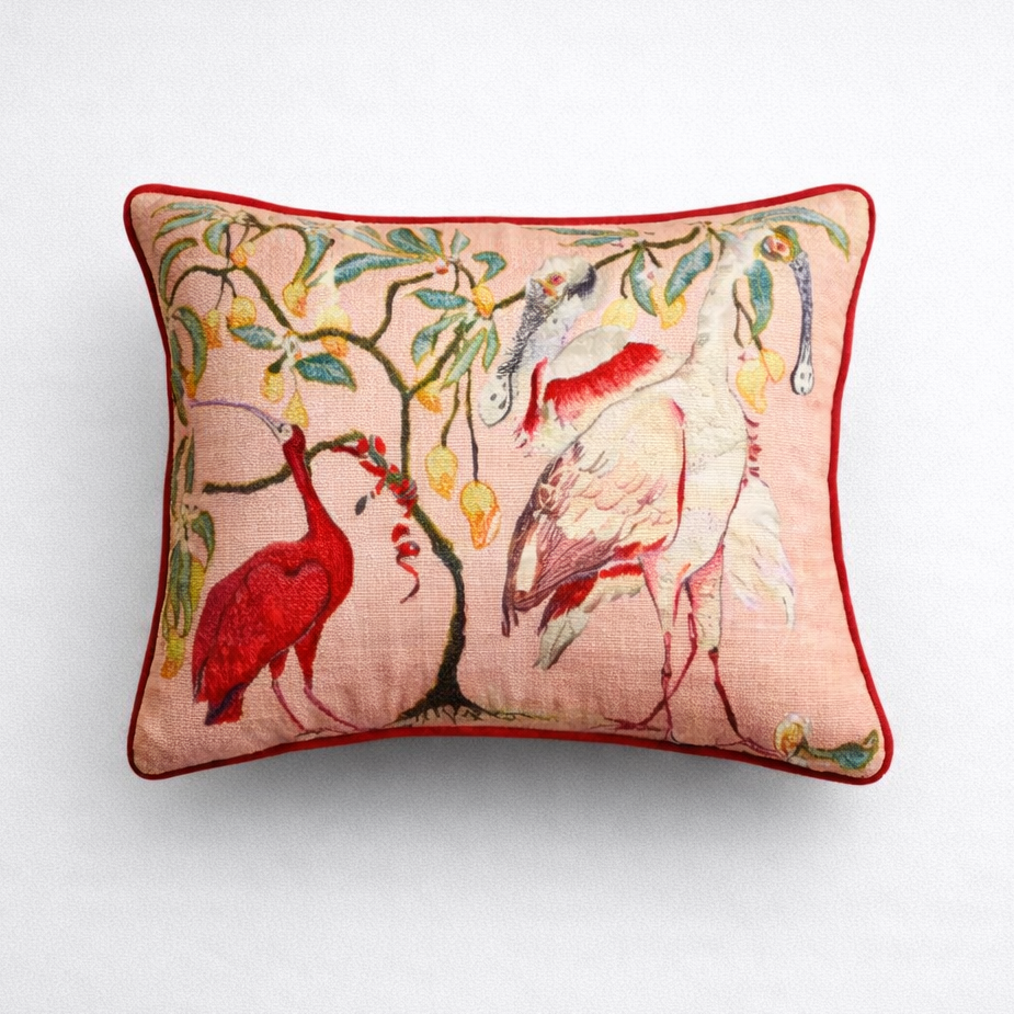 Decorative bird cushion cover with artistic animal design on a light background