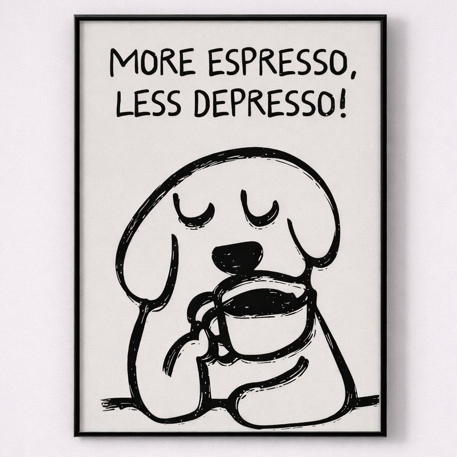 Framed artwork with a dog holding a coffee cup and text 'More Espresso, Less Depresso!' on a white background.