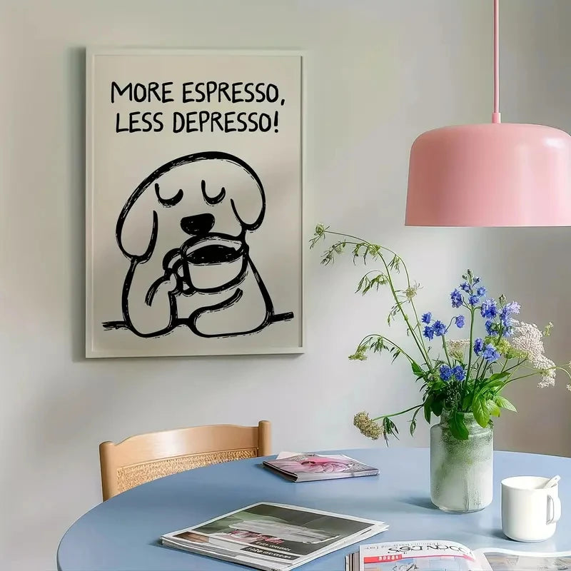 Room interior with a framed picture of a dog drinking coffee, a pink lamp, and a table with a vase of flowers and magazines.