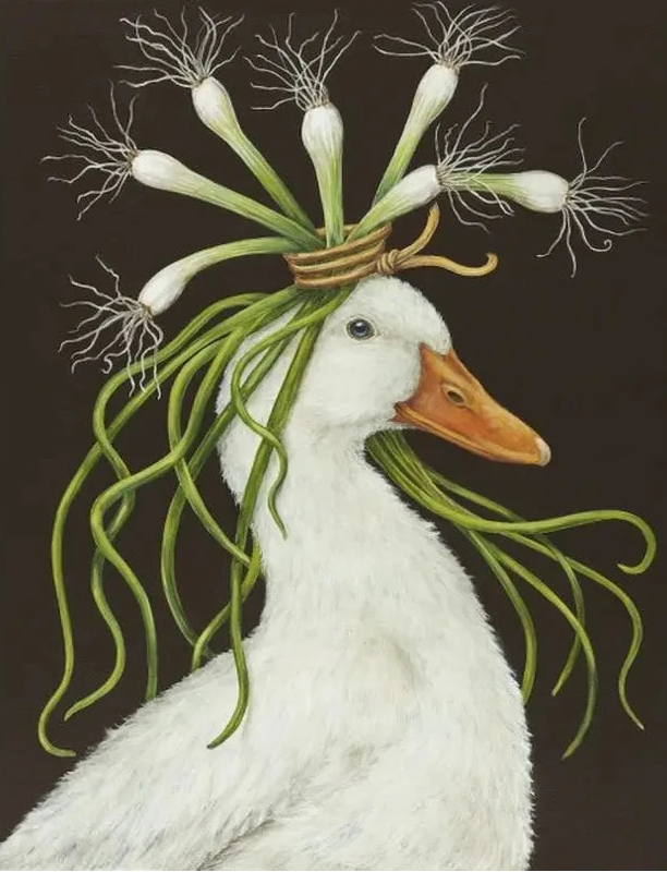Illustration of a duck with plants on its head against a dark background