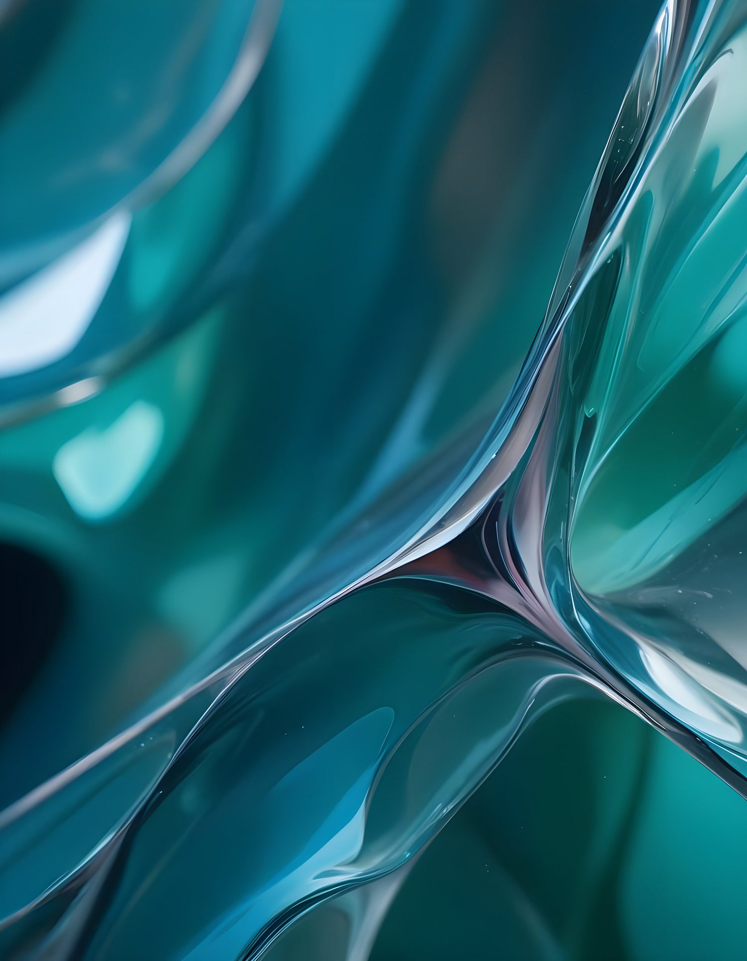 Abstract flow of teal and blue shapes blending together with soft curves and reflections