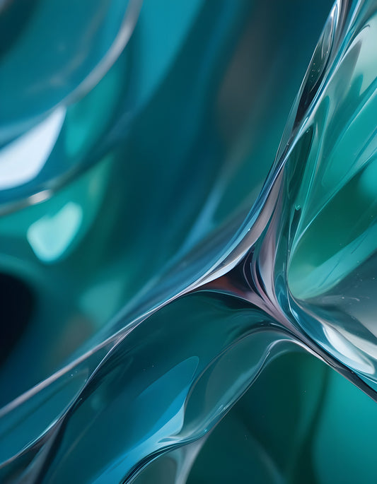 Abstract flow of teal and blue shapes blending together with soft curves and reflections