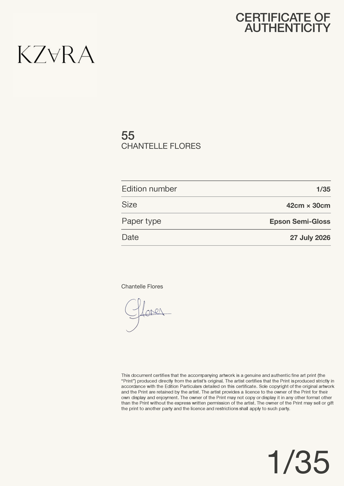 55 — Certificate of Authenticity