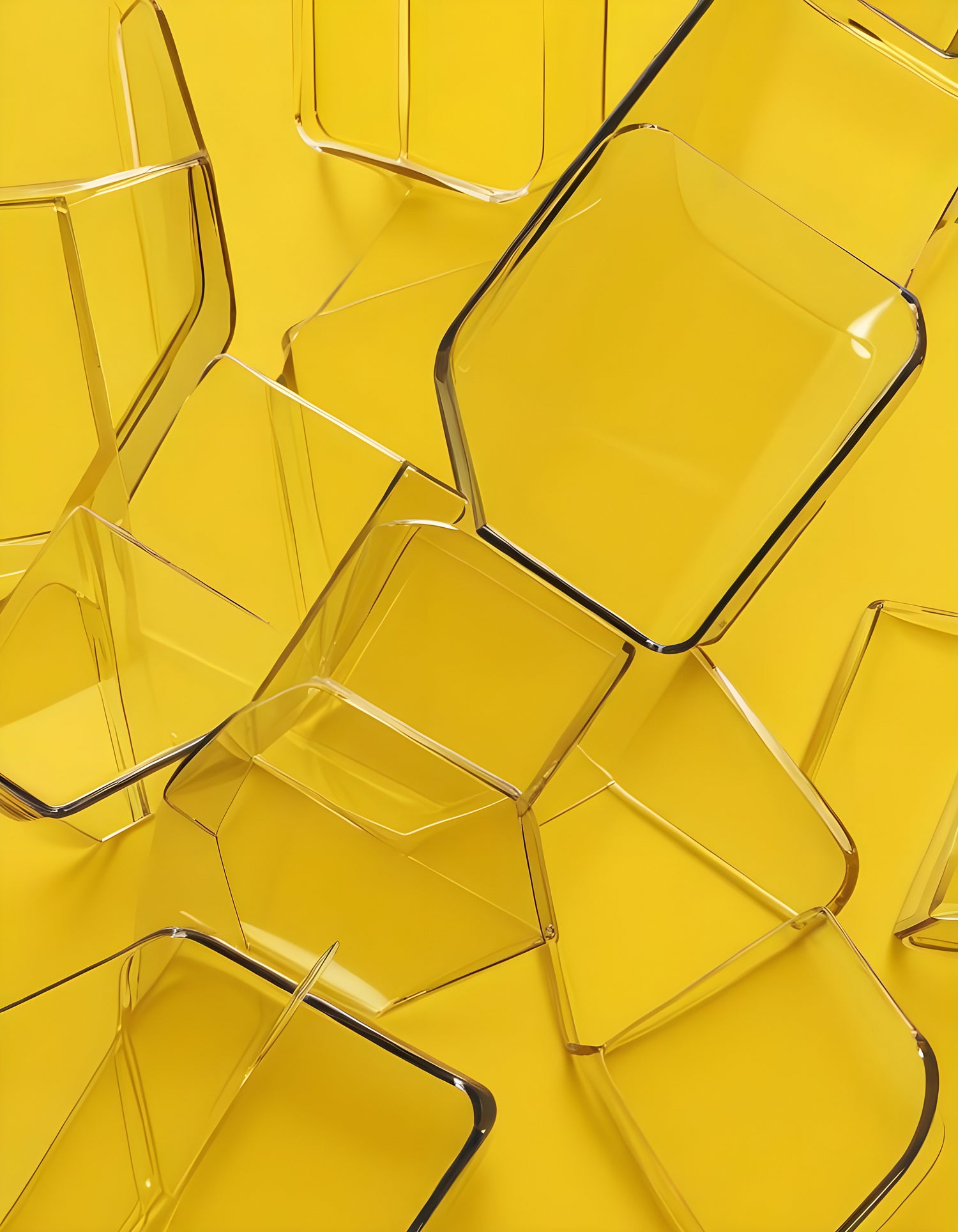 Clear acrylic blocks arranged artistically against a bright yellow background showcasing geometric shapes and modern design elements. Generative AI
