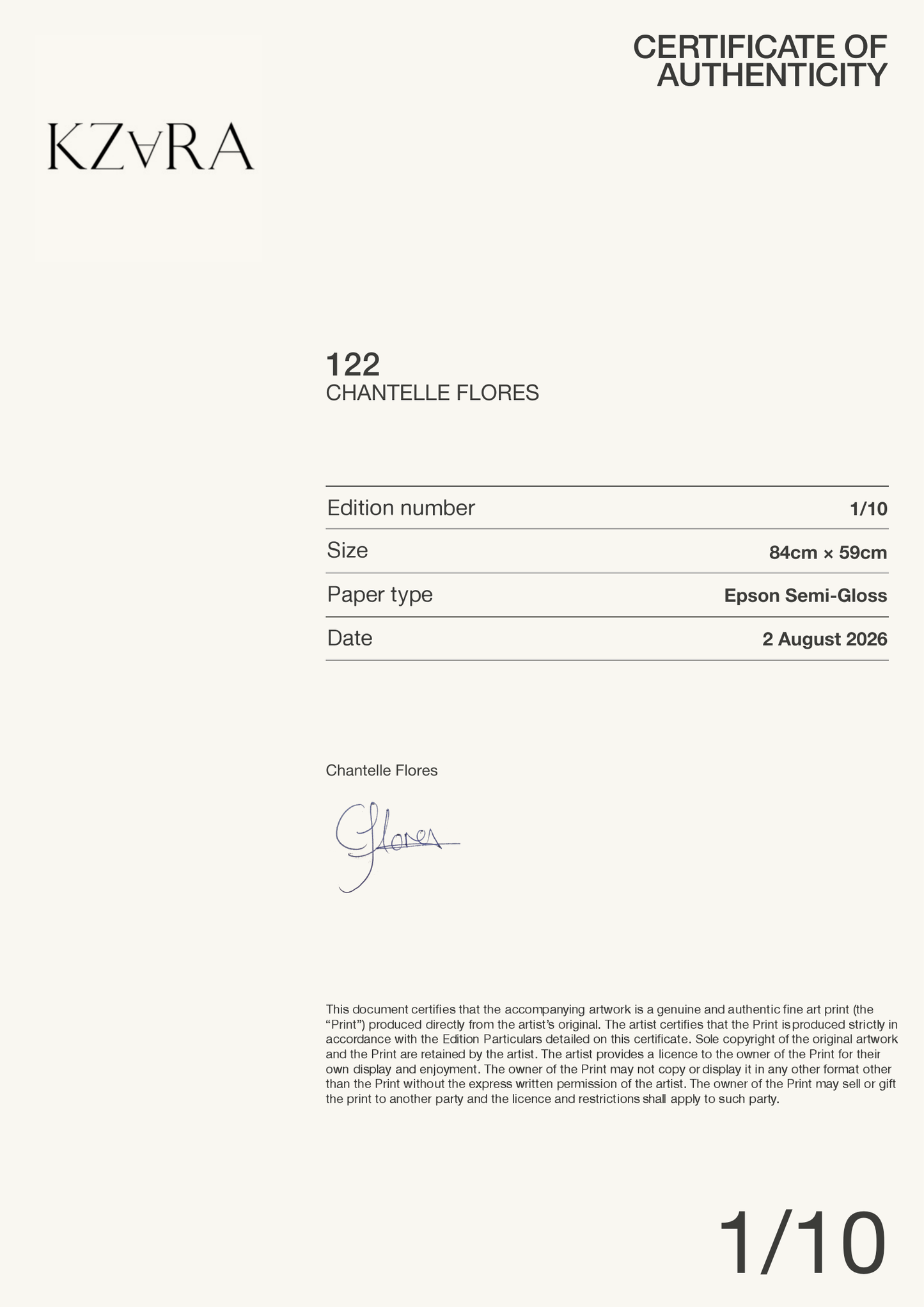 122 — Certificate of Authenticity