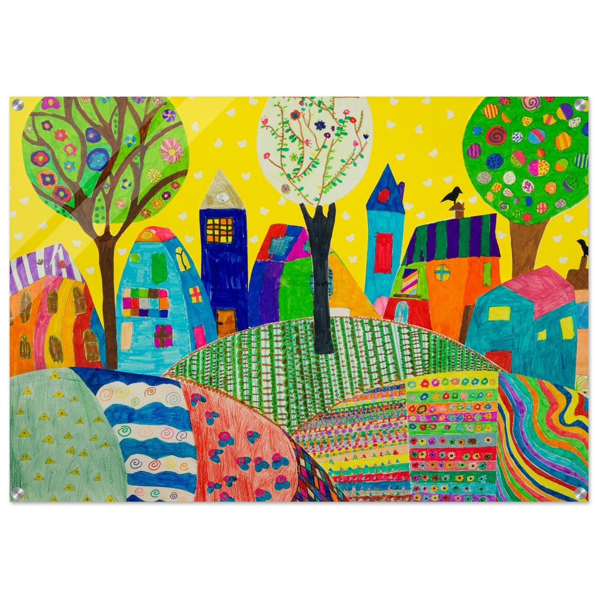Vibrant Whimsical Village Acrylic Print – Colorful Contemporary Landscape PD_361