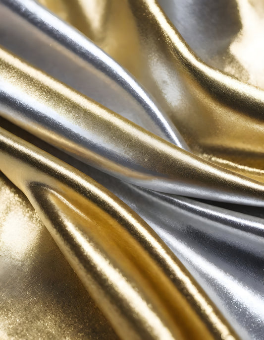 Shimmering gold and silver fabrics layered together in a luxurious arrangement during daylight