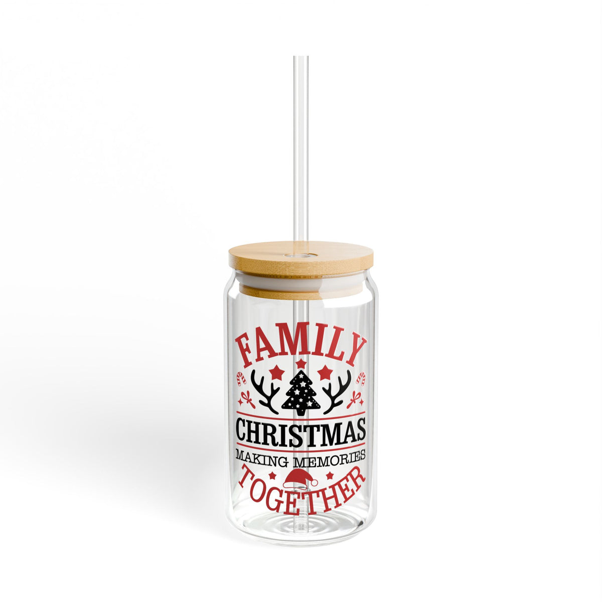 Family Christmas Glass Cup Gift For Mom Holiday Iced Coffee Tumbler Present For Grandma Bamboo Lid
