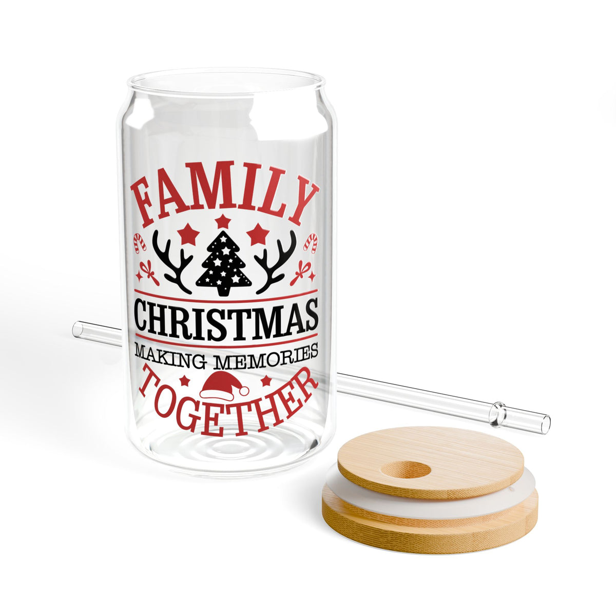 Family Christmas Glass Cup Gift For Mom Holiday Iced Coffee Tumbler Present For Grandma Bamboo Lid – product image 5