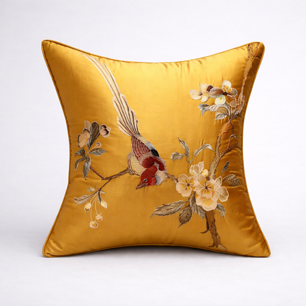 Floral Bird Embroidered Cushion Cover Botanical Pillow Nature on a clean background