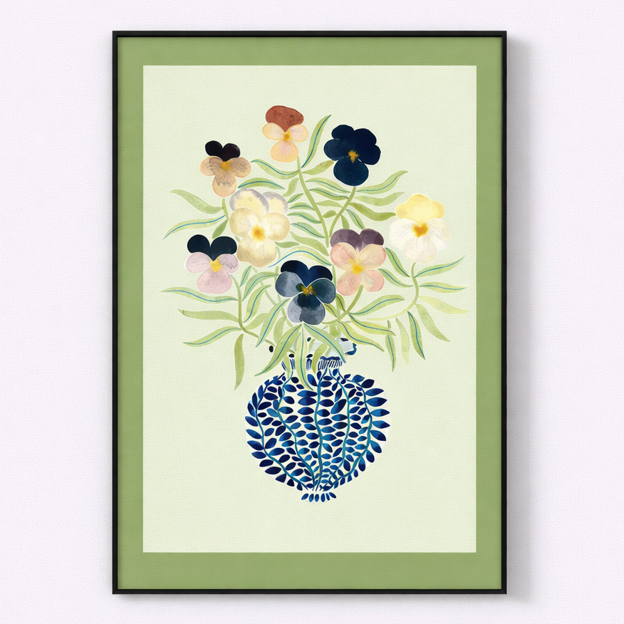 Floral vase wall art with colorful flowers and blue patterned pottery on soft green background