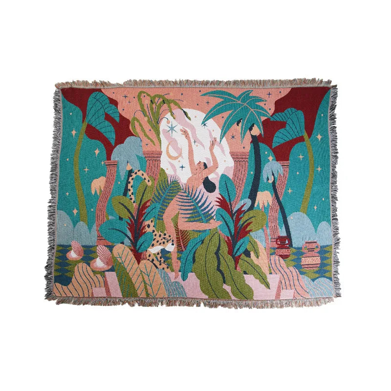 Forest Woven Throw Blanket Botanical Jungle Tapestry Couch Cover Tassel Home Decor Reversible Textile Living Room Bedroom Boho Blanket Gifts