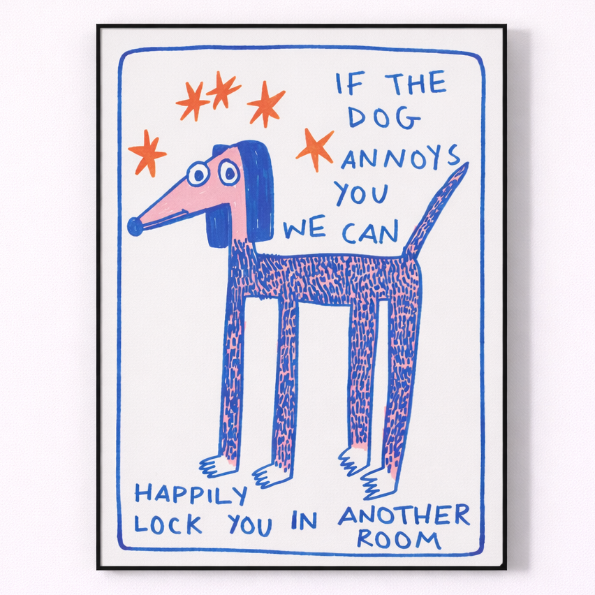 Framed artwork with a dog illustration and text on a white background