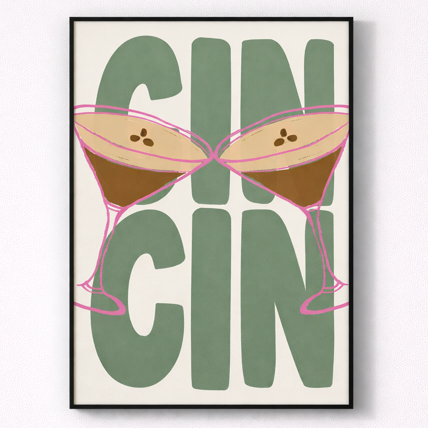 Framed artwork with 'GIN' text and martini glass design on a white background