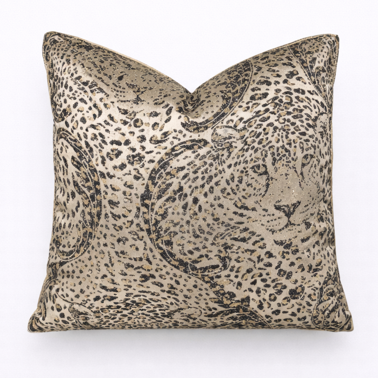 Gold Brown Leopard Cushion Cover Animal Print Pillow on a clean background