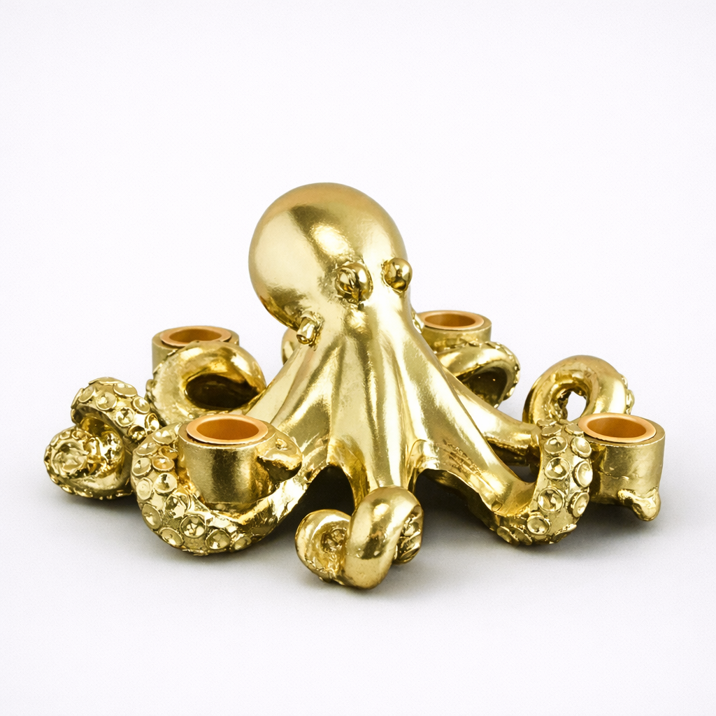 Gold octopus candle holder with measurements on a white surface