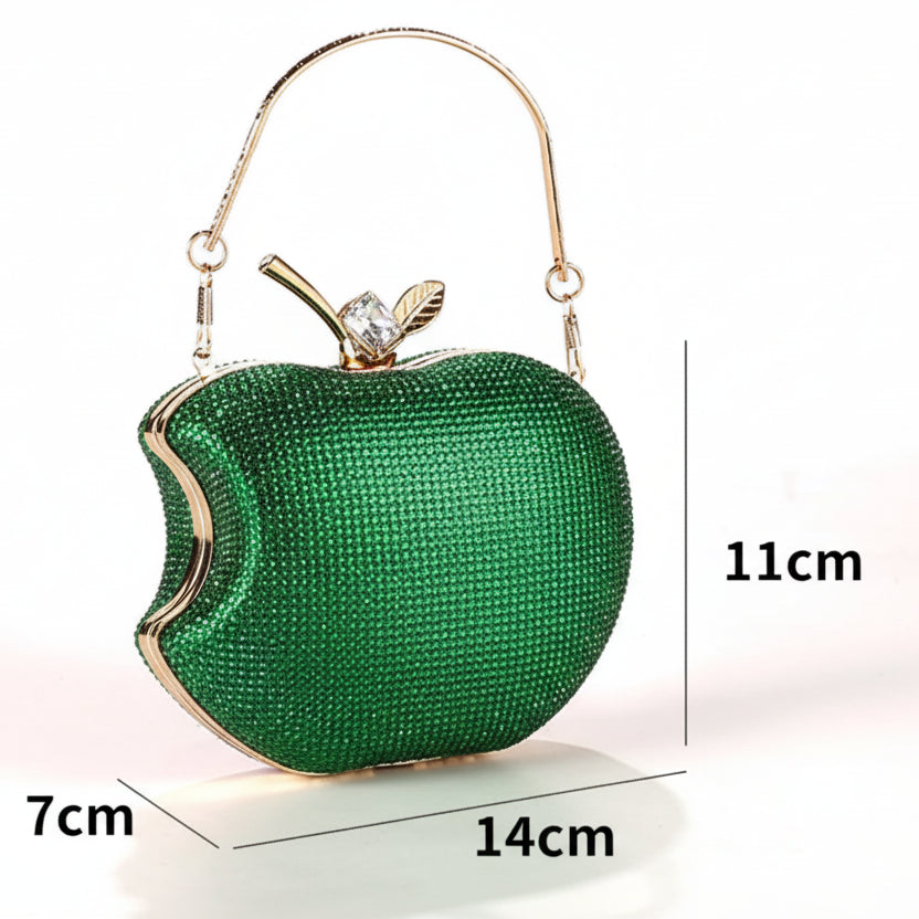 Red apple-shaped handbag with gold accents and LUNHA branding, shown with measurements on a white background