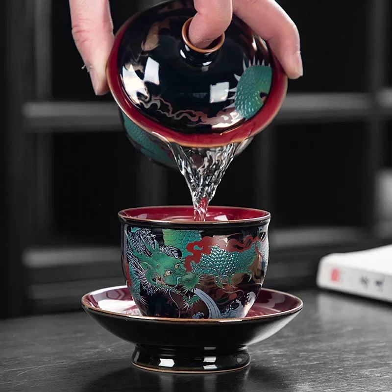 green dragon ceramic tea cup alternate detail and styling image