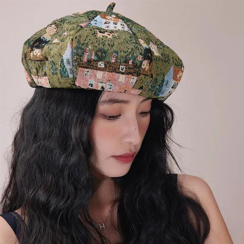 Green Embroidered Beret Hat Retro French Style Cap Cottagecore Fashion Artist Painter Accessory Fall Outfit Best Friend Gift Womens Headwear embroidered beret hat shown in product image 2