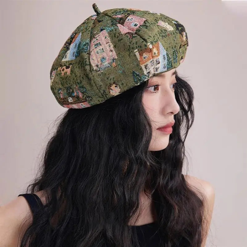Green Embroidered Beret Hat Retro French Style Cap Cottagecore Fashion Artist Painter Accessory Fall Outfit Best Friend Gift Womens Headwear embroidered beret hat shown in product image 3