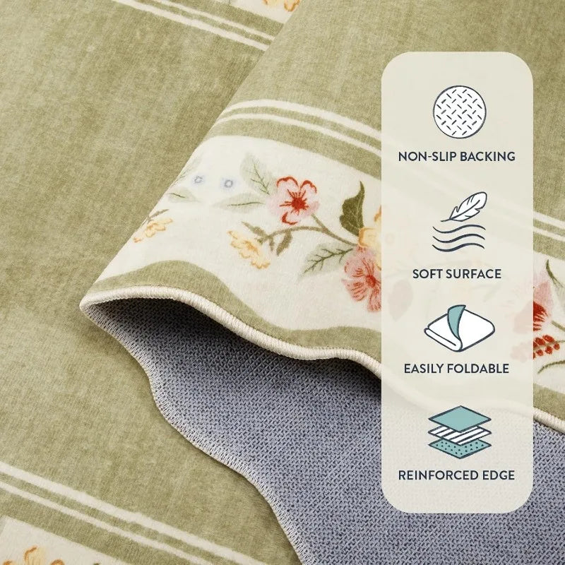 Floral-patterned rug with non-slip backing features on a beige surface