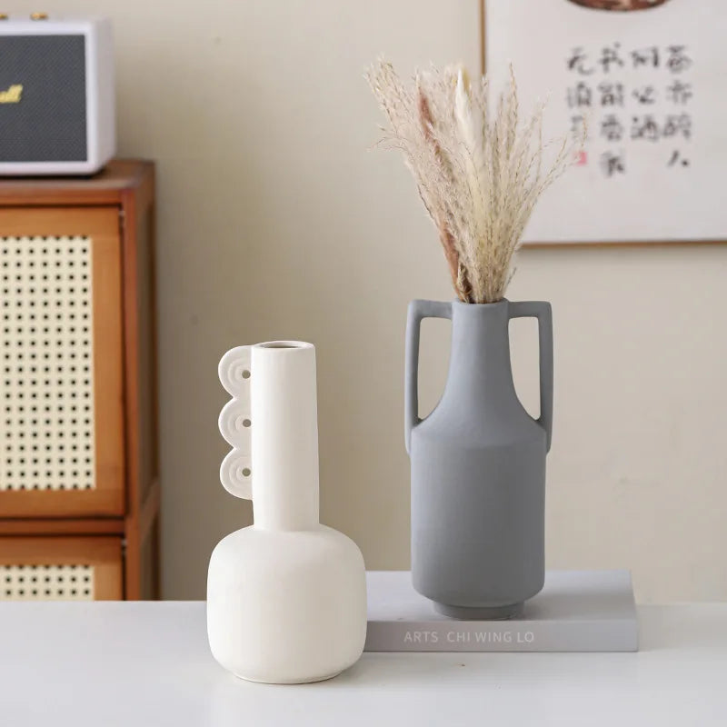 Grey handled ceramic flower vase Nordic shelf accent