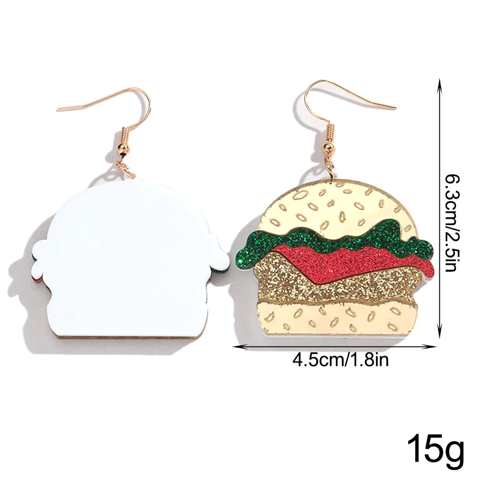 Hamburger-shaped earrings with dimensions and weight displayed