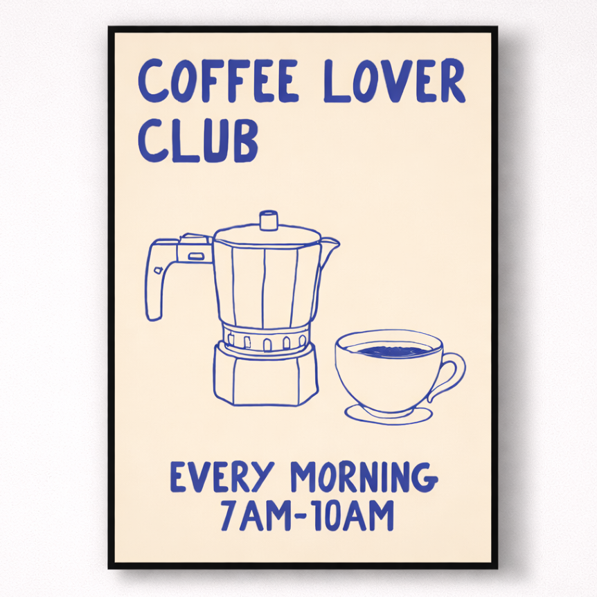 Poster with coffee maker and cup illustration and text 'Coffee Lover Club' on a beige background