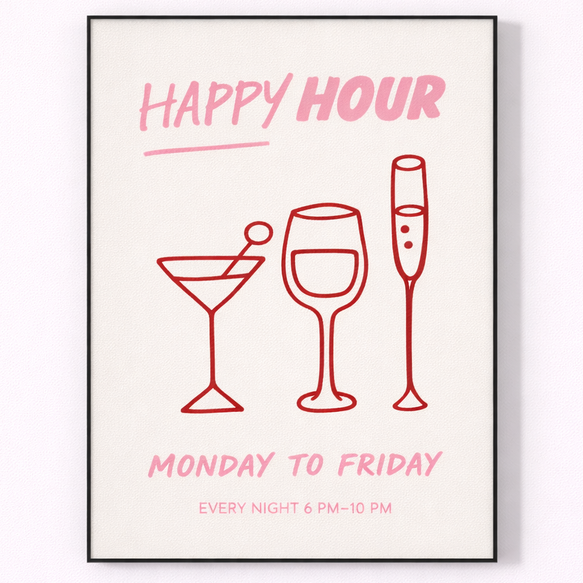 Framed poster with 'Happy Hour' text and drink icons on a white background