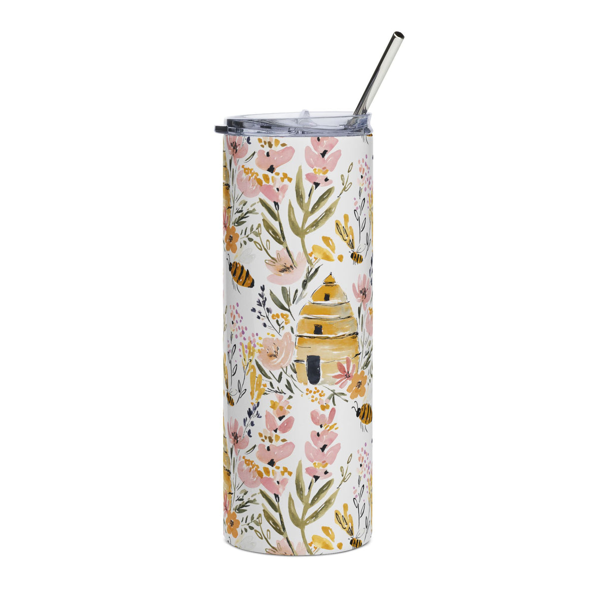 Honey Bees Tumbler Gift For Bee Lovers Cup Floral Tumbler Yellow Steel Straw, Spring Flower Drinkware