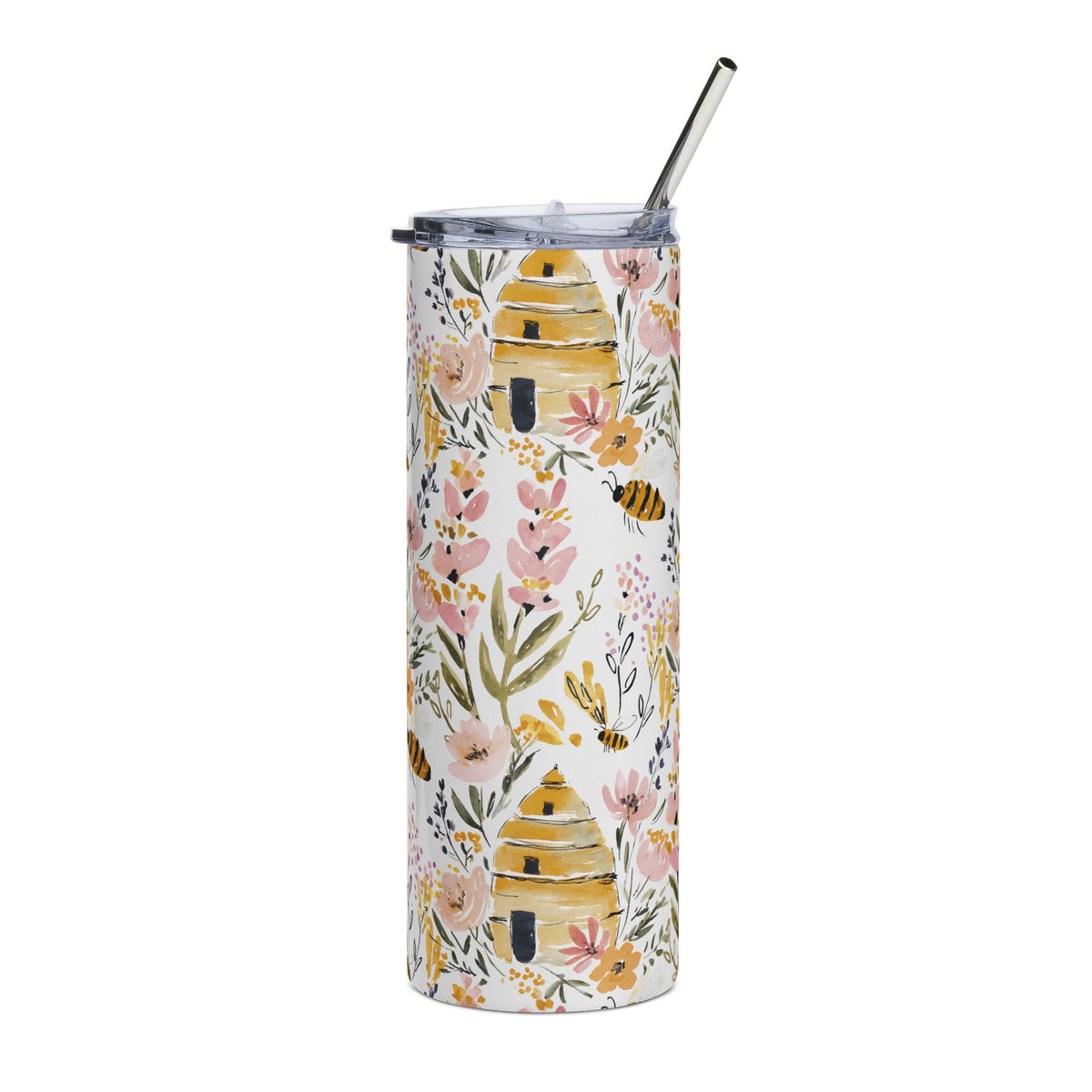 Honey Bees Tumbler Gift For Bee Lovers Cup Floral Tumbler Yellow Steel Straw, Spring Flower Drinkware – product image 2