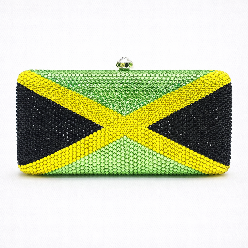 Clutch bag with the design of the Jamaican flag on a white background
