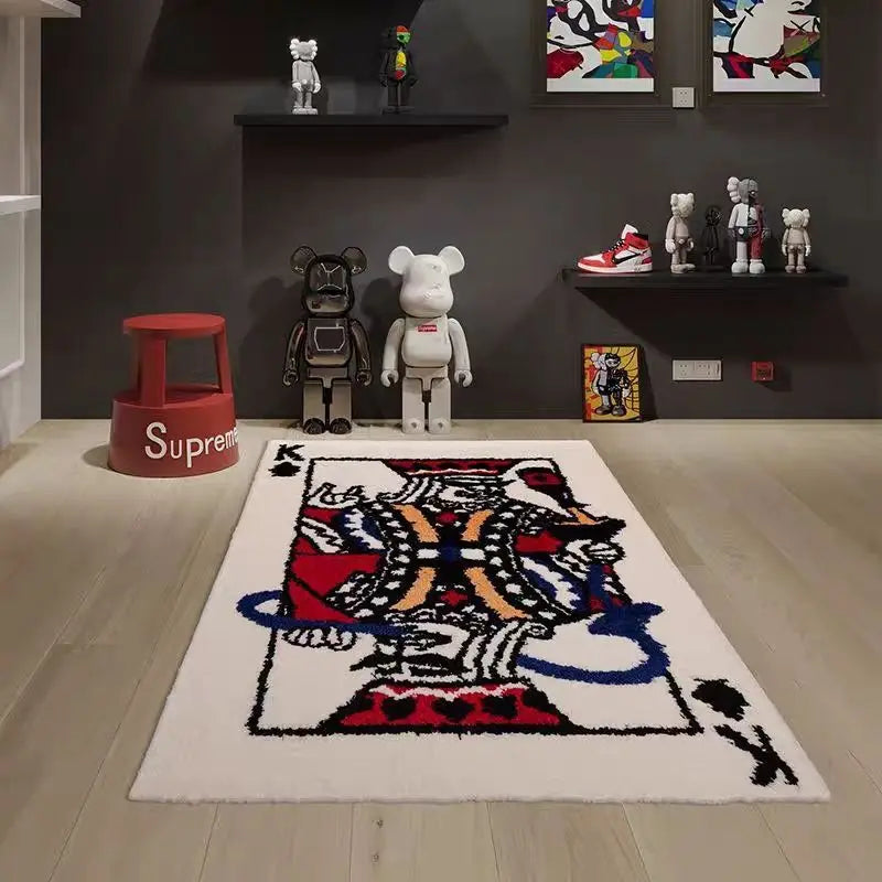 Decorative rug with a colorful design in a room with shelves displaying various items.