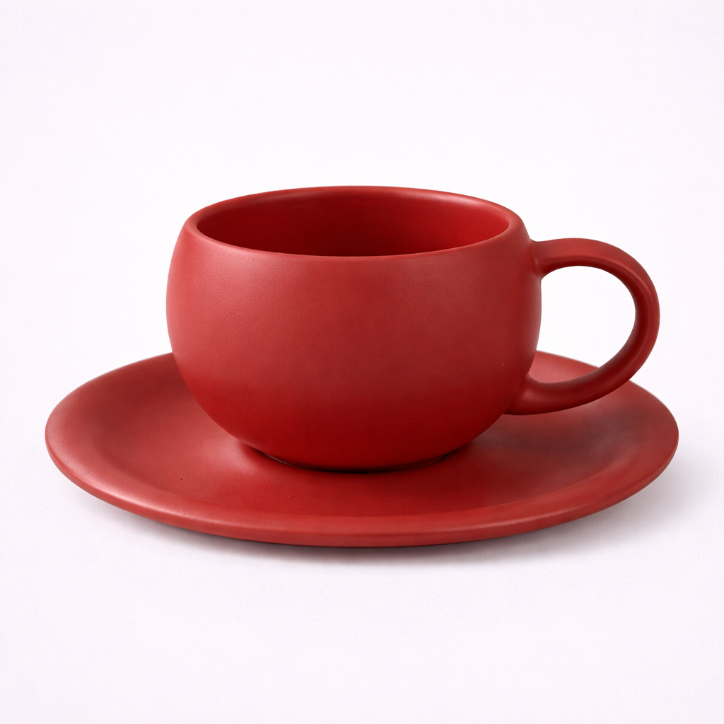 Red ceramic cup and saucer on a white background