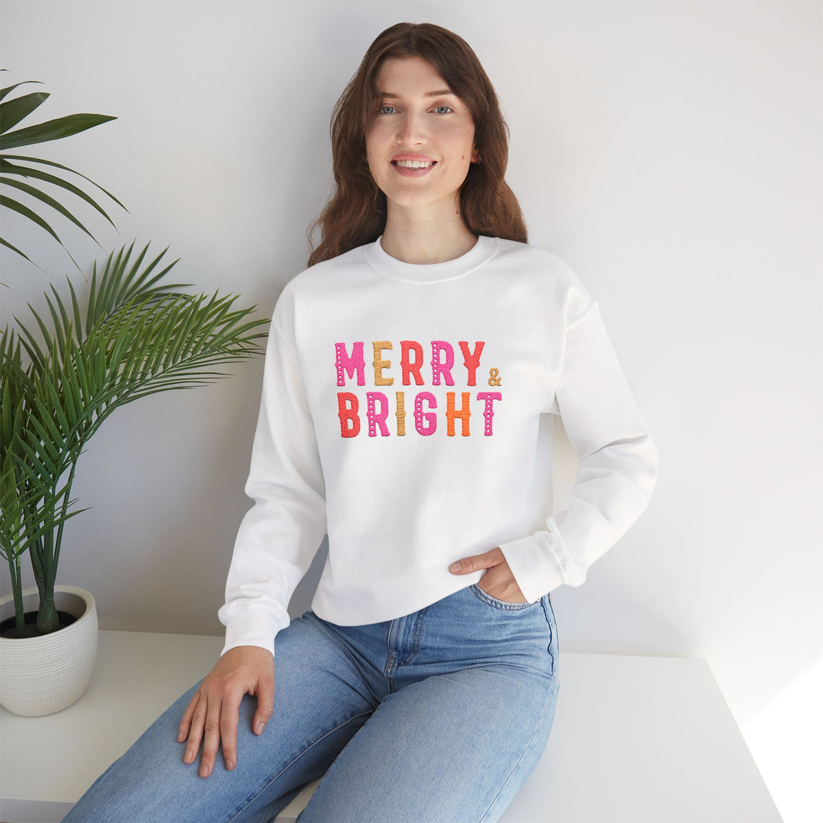 Merry & Bright Embroidered Christmas Sweatshirt For Women Cozy Holiday Crewneck Sister Cute Festive – product image 5