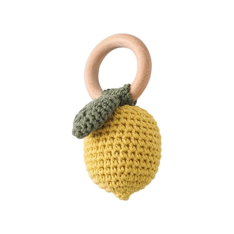 Fruit themed lemon crochet rattle with wooden ring for newborn nursery gifting