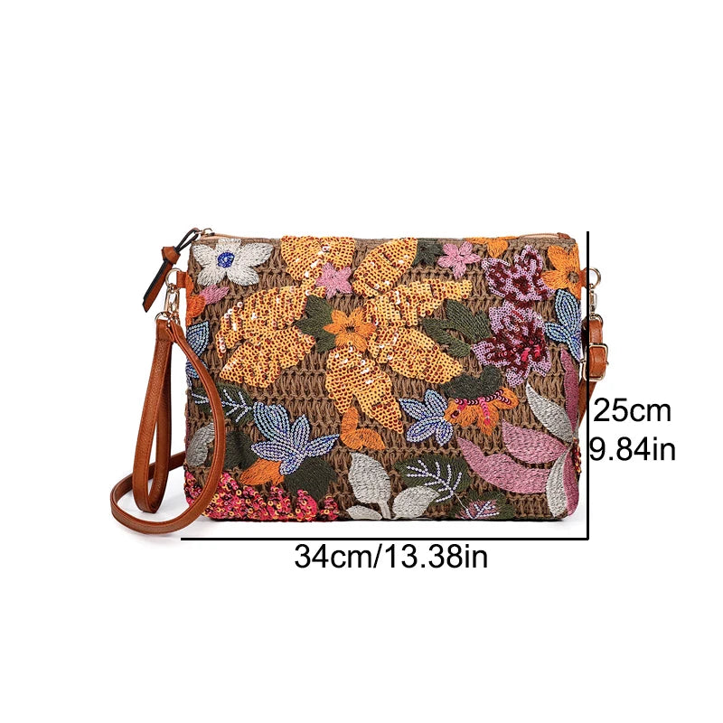 Fashion Embroidered Sequins Clutch Bag for Women Flower Straw Shoulder product image 3