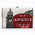 Clutch bag with London-themed design featuring Big Ben and a telephone box