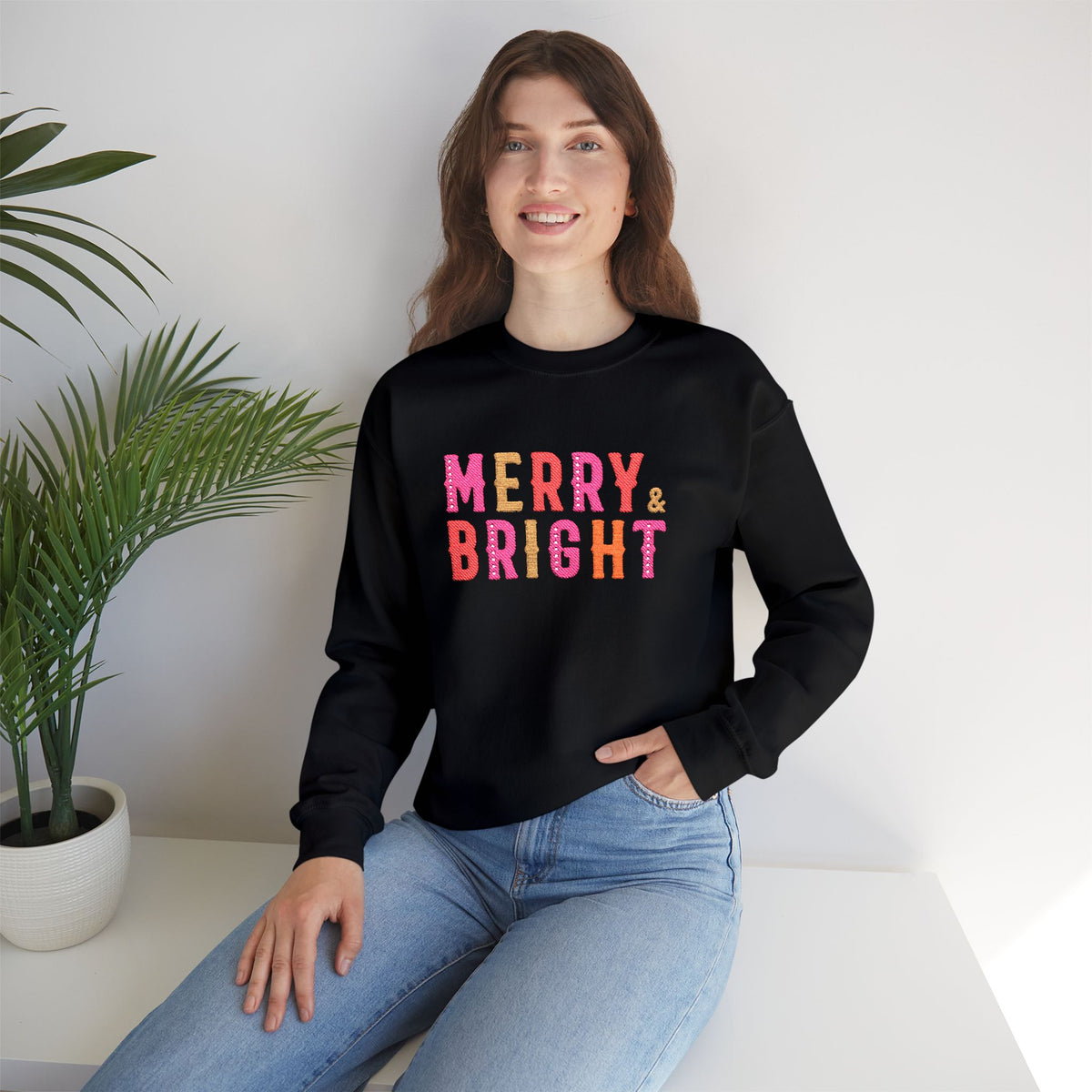 Merry & Bright Embroidered Christmas Sweatshirt For Women Cozy Holiday Crewneck Sister Cute Festive – product image 8