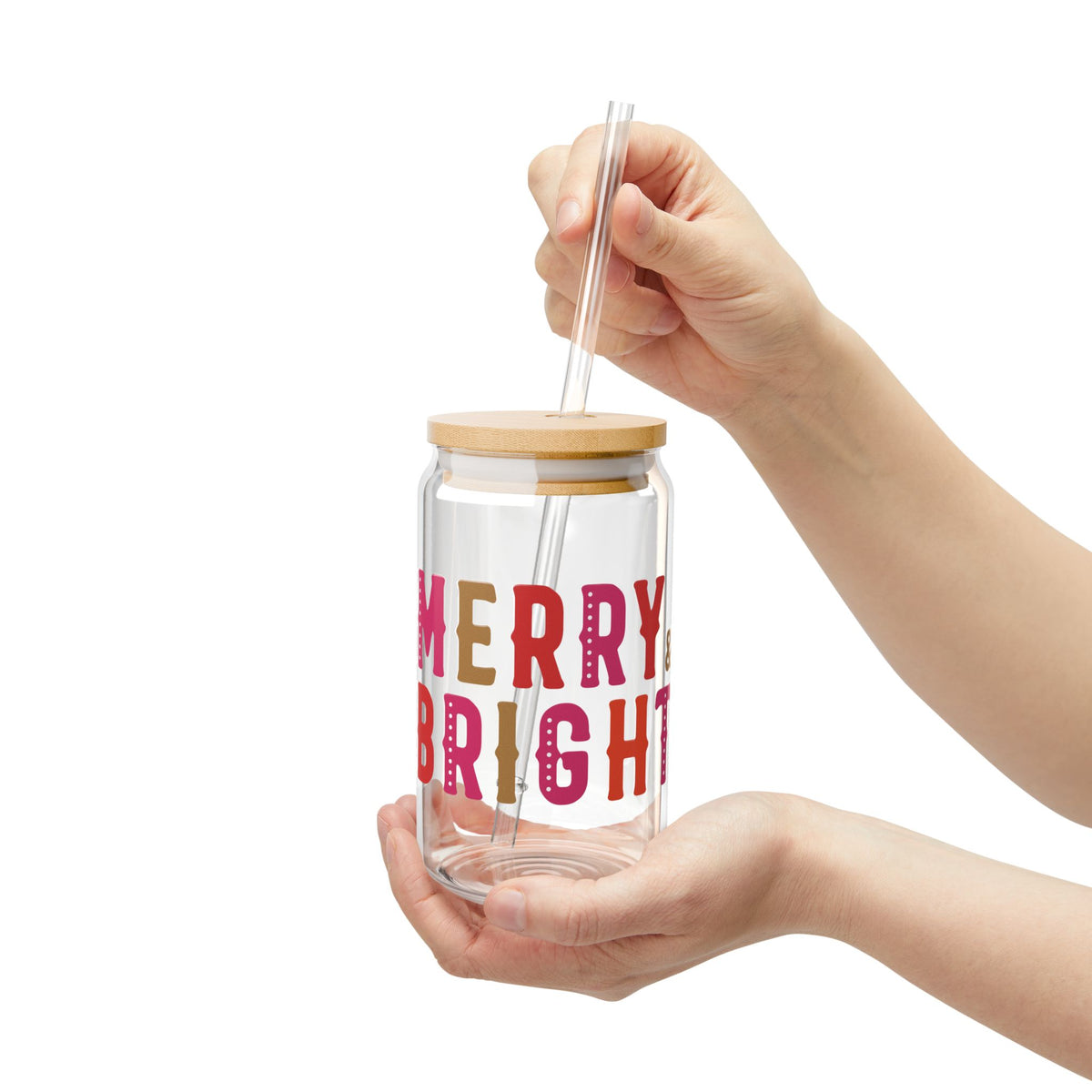 Merry Bright Glass Cup Gift For Cousin Christmas Sipper Present For Teacher Bamboo Lid Tumbler Cute – product image 7