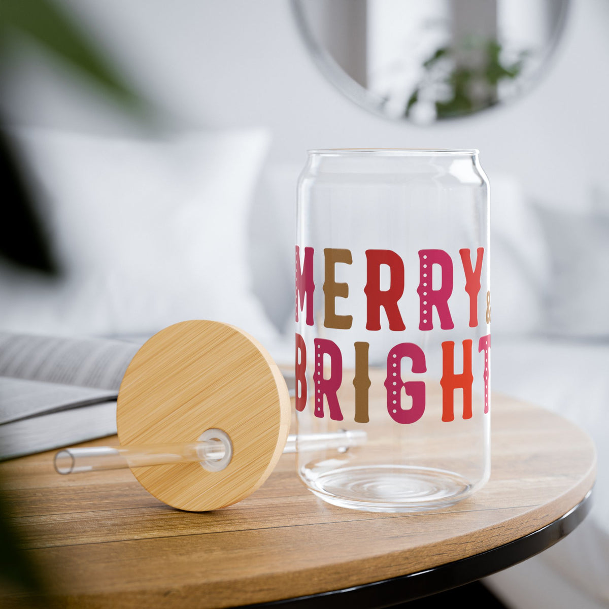 Merry Bright Glass Cup Gift For Cousin Christmas Sipper Present For Teacher Bamboo Lid Tumbler Cute – product image 8