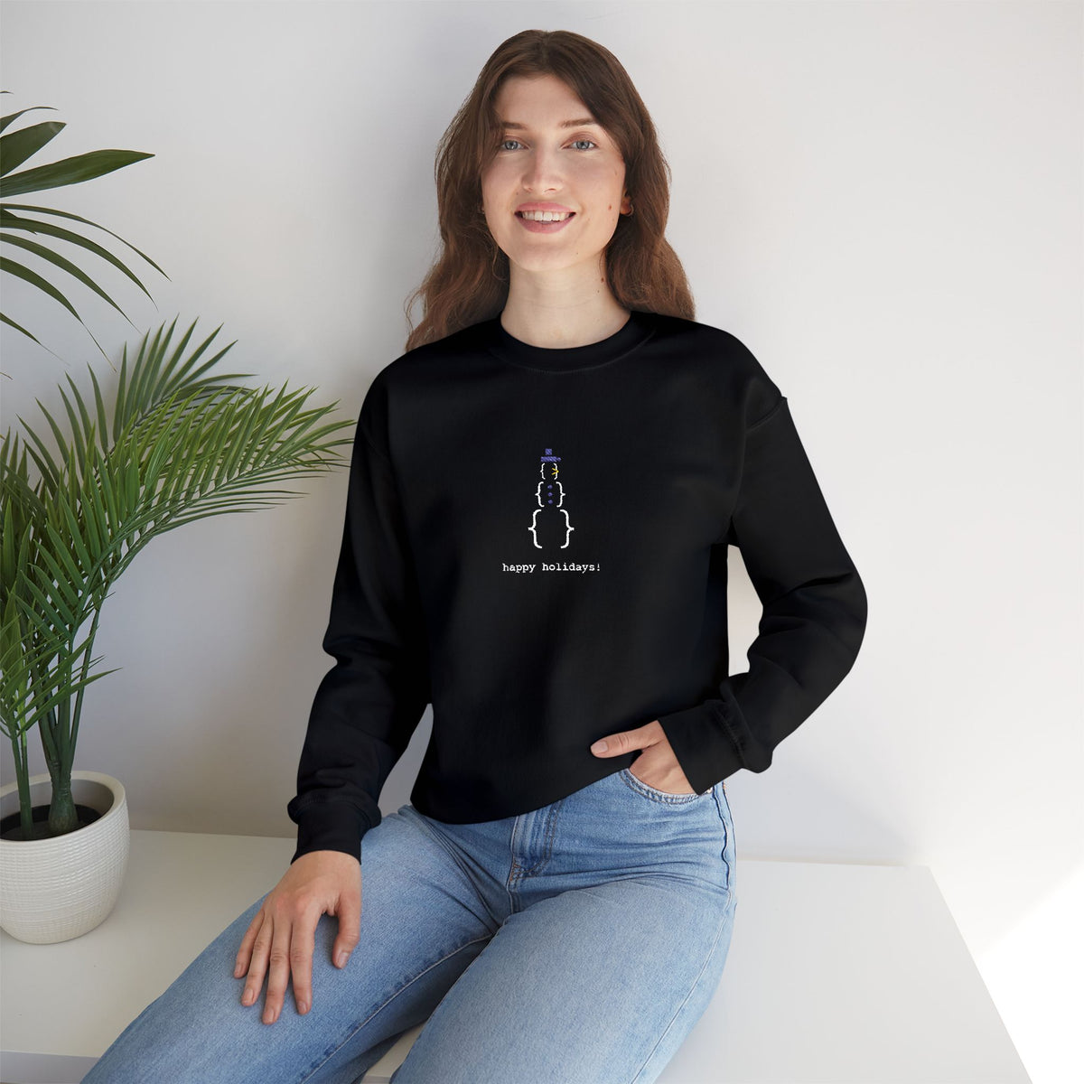Minimal Black Holiday Sweatshirt Tech Party Outfit For Office Party Embroidered Snowman Crewneck – product image 5