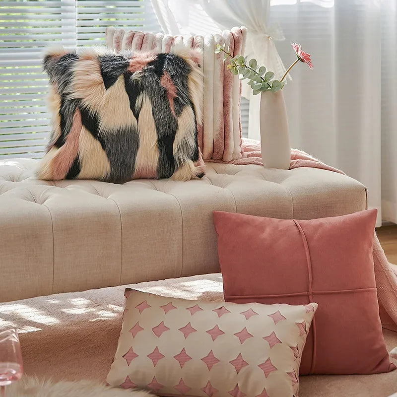 Multicolor Faux Fur Cushion Cover Plush Patchwork Pillow Colorful shown in alternate product detail