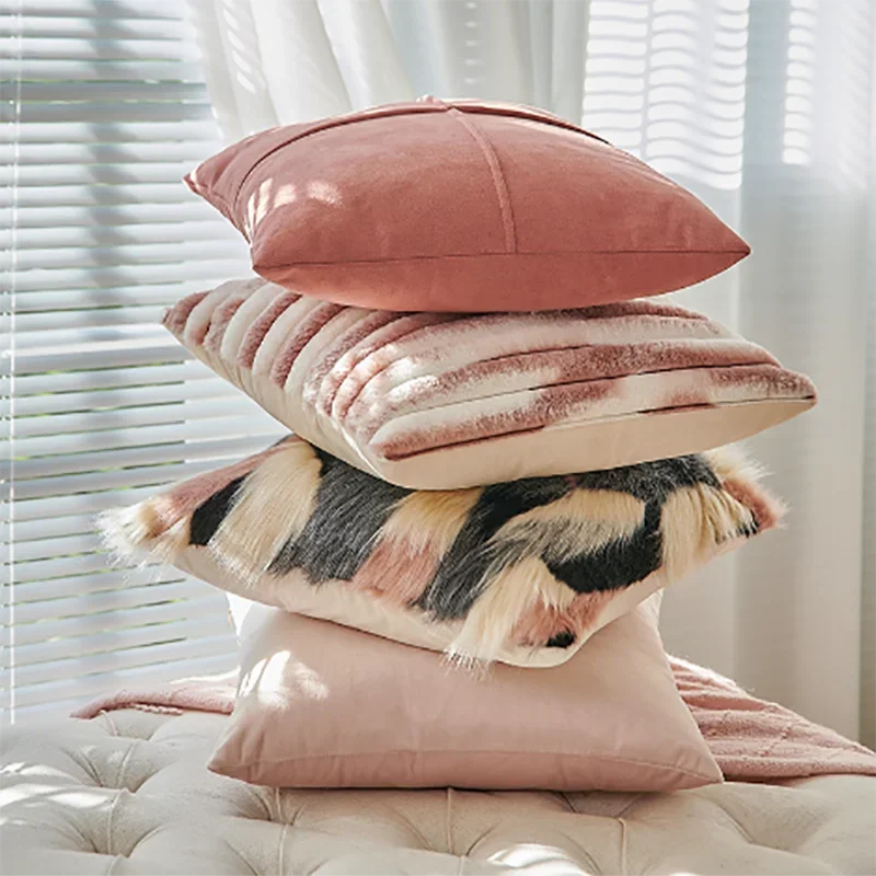 Multicolor Faux Fur Cushion Cover Plush Patchwork Pillow Colorful shown in alternate product detail