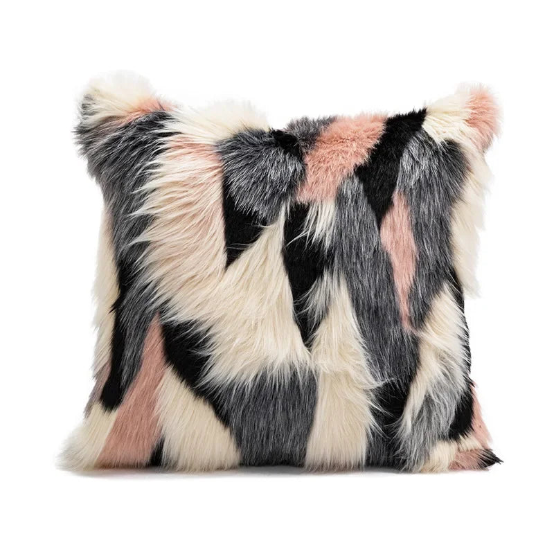 Multicolor Faux Fur Cushion Cover Plush Patchwork Pillow Colorful shown in alternate product detail