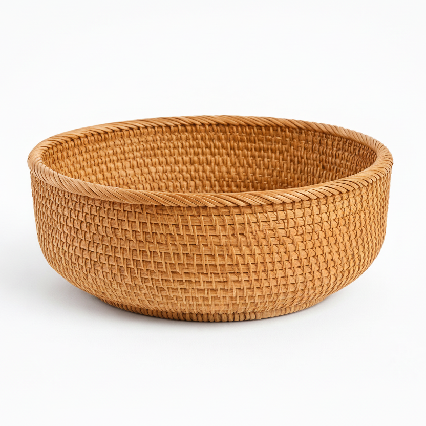 Woven brown basket on a white background