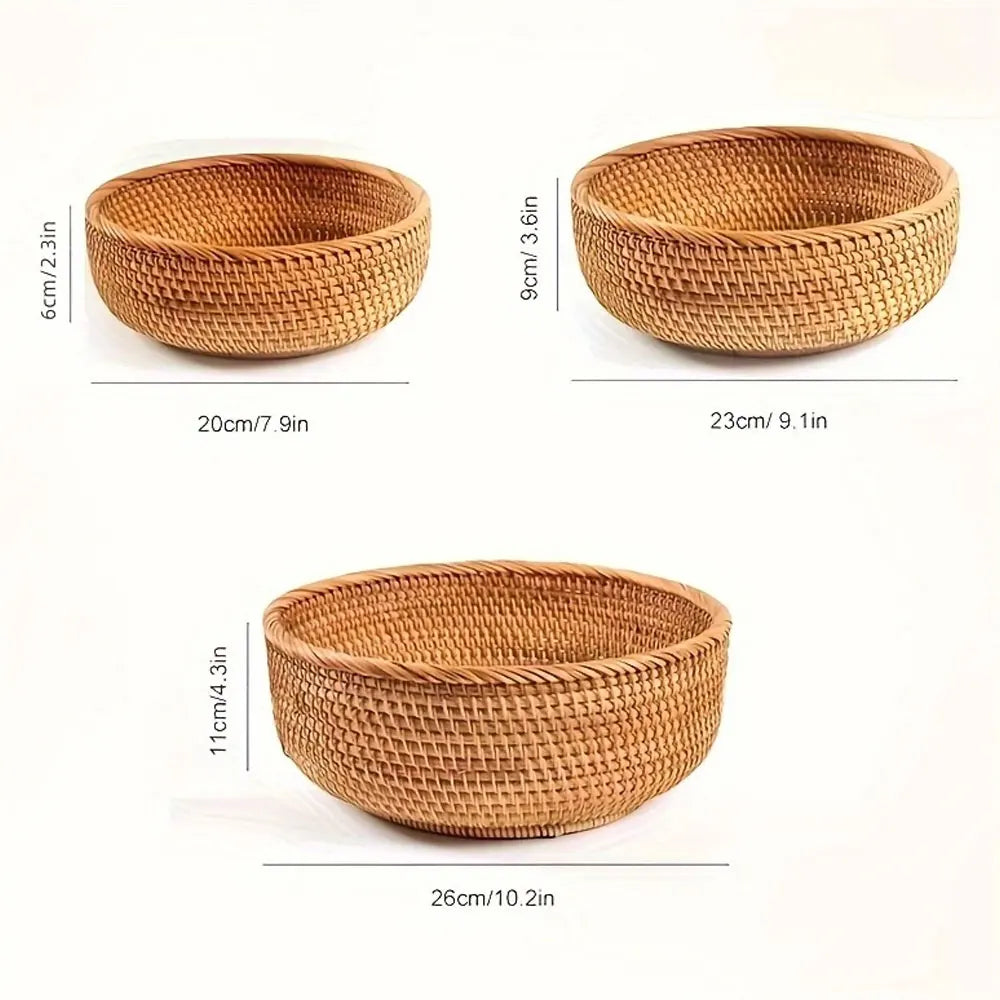 Three woven baskets of different sizes with dimensions indicated on a white background
